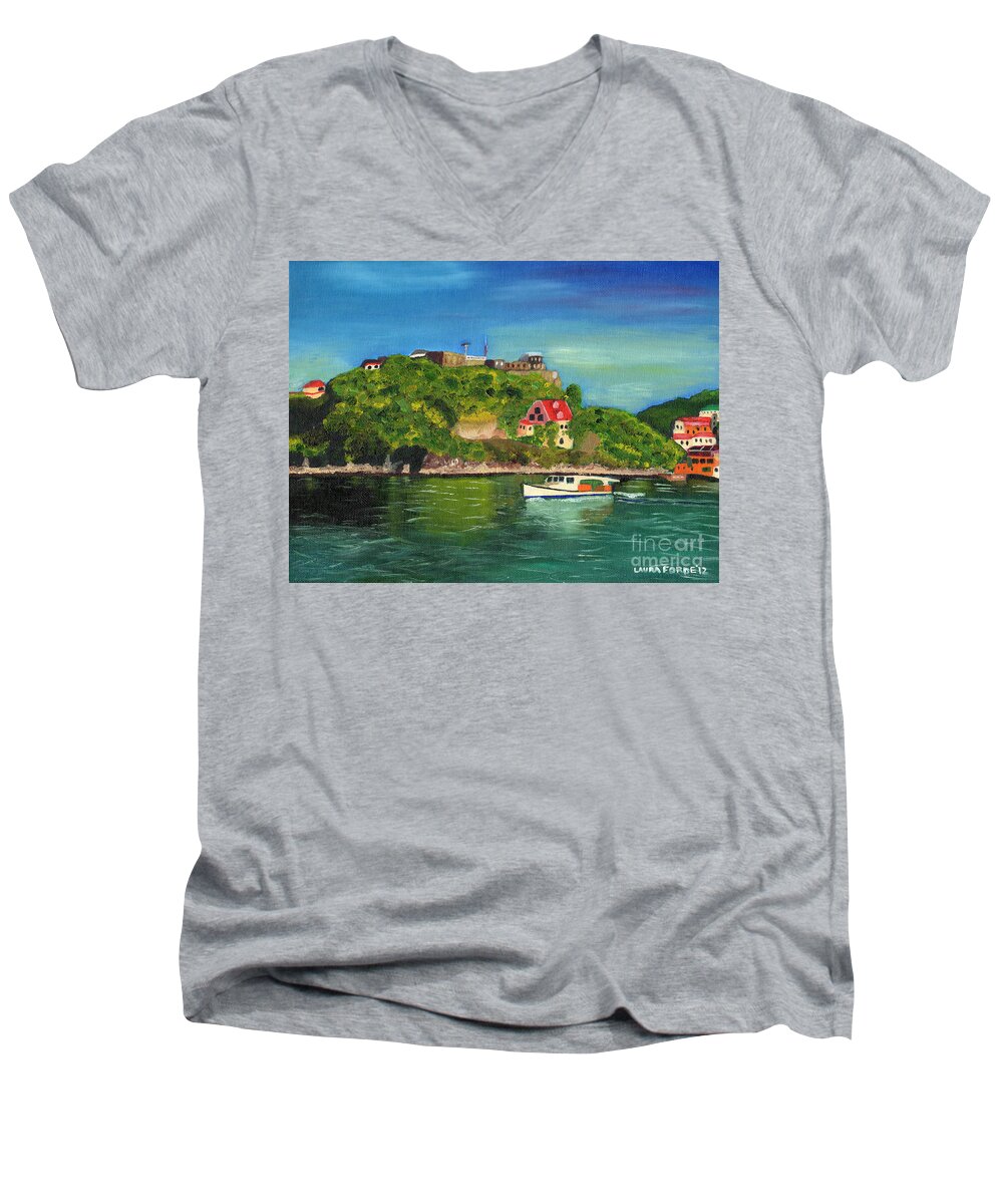 Fort George Men's V-Neck T-Shirt featuring the painting Fort George Grenada by Laura Forde