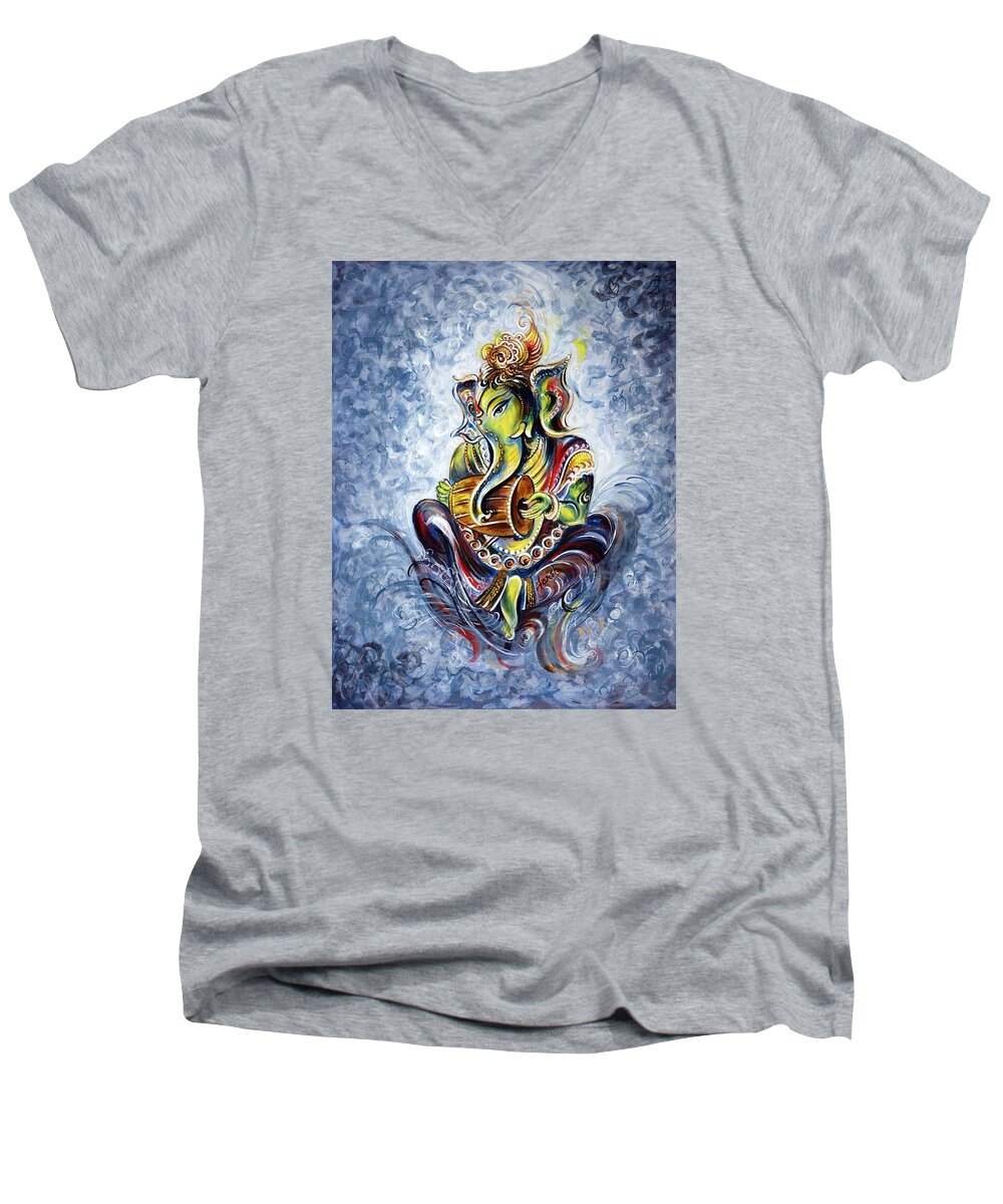 Ganesha Men's V-Neck T-Shirt featuring the painting Musical Ganesha by Harsh Malik