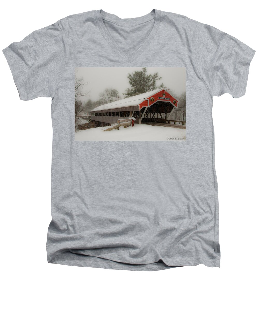 Covered Bridge Men's V-Neck T-Shirt featuring the photograph Jackson NH Covered Bridge #1 by Brenda Jacobs