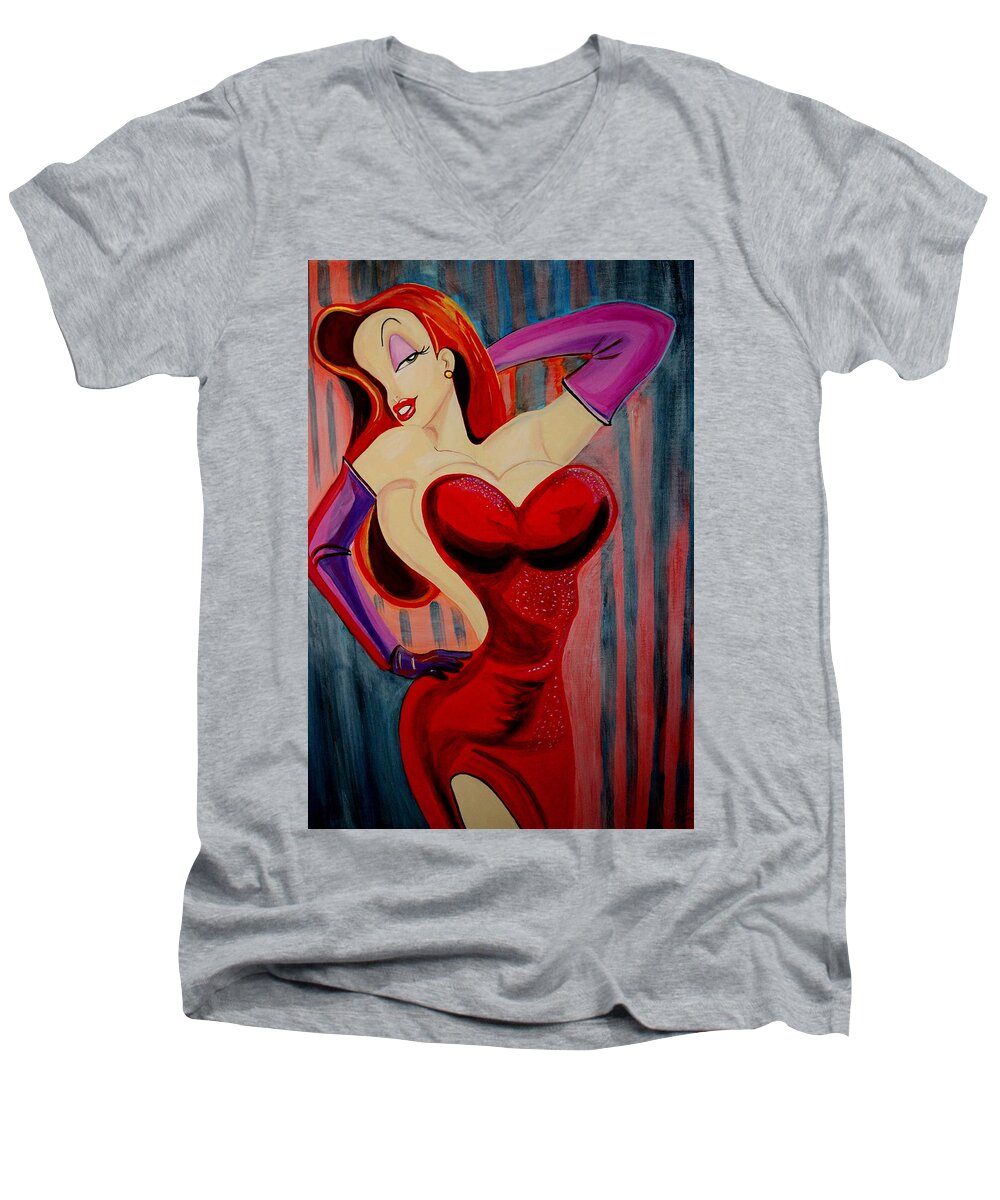 Jessica Men's V-Neck T-Shirt featuring the painting Jessica  Comic by Nora Shepley
