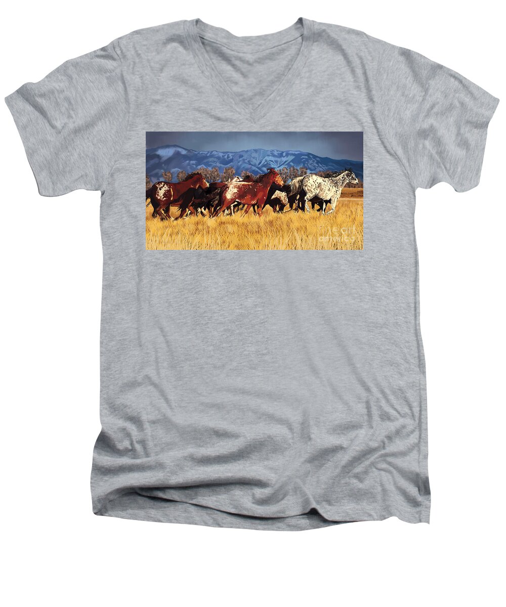Mustang Men's V-Neck T-Shirt featuring the painting Joe's horses #1 by Tim Gilliland