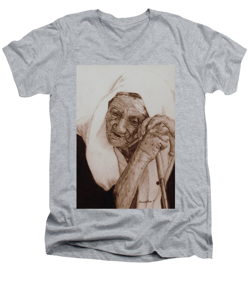 Old Woman Men's V-Neck T-Shirt featuring the drawing Loneliness #2 by Quwatha Valentine