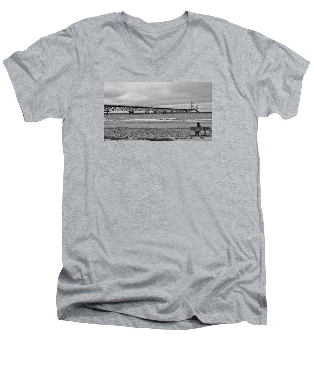 Makinaw Bridge Men's V-Neck T-Shirt featuring the photograph Looking North by Daniel Thompson