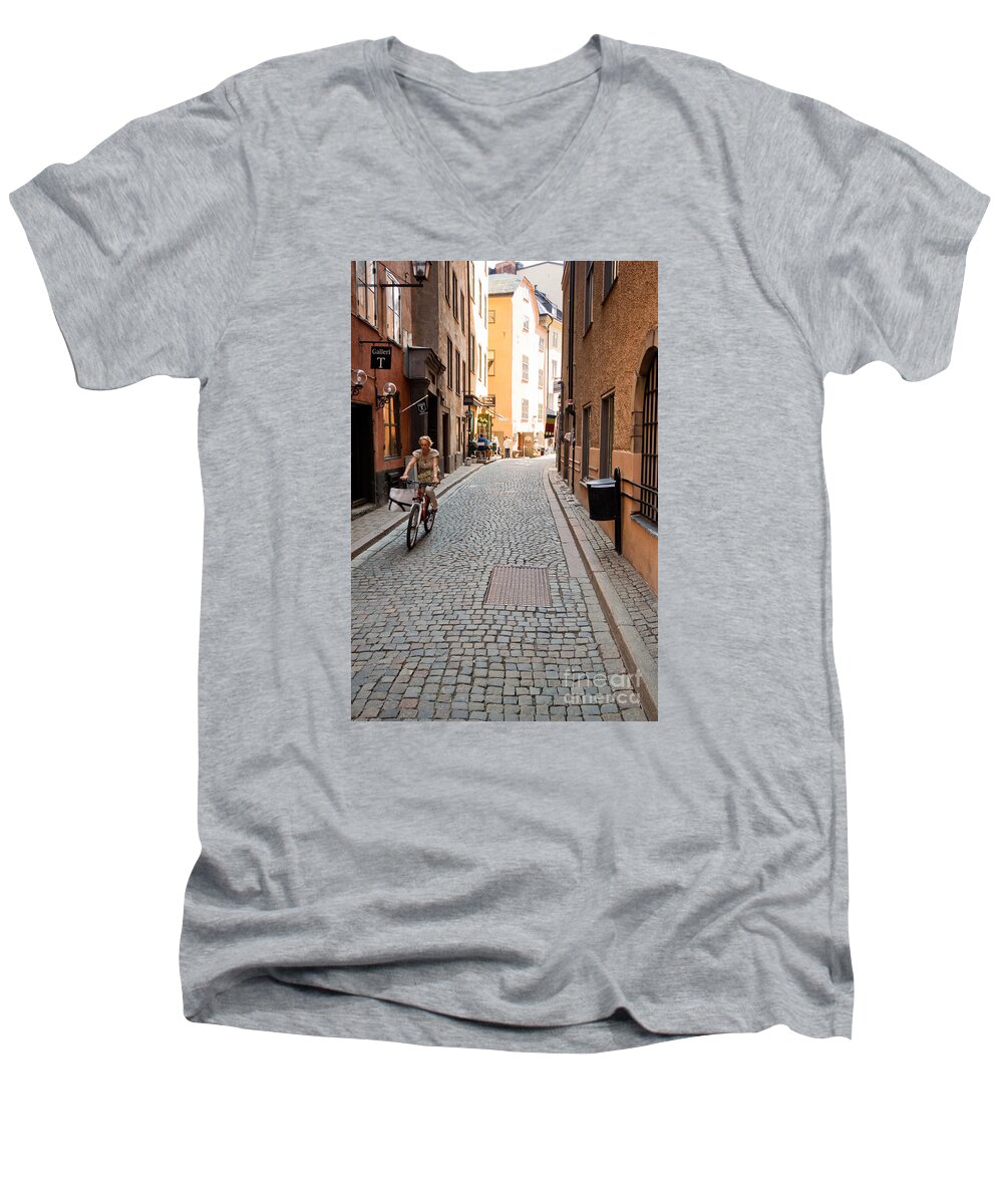 Europe Men's V-Neck T-Shirt featuring the photograph Narrow Stockholm Street Sweden #2 by Thomas Marchessault