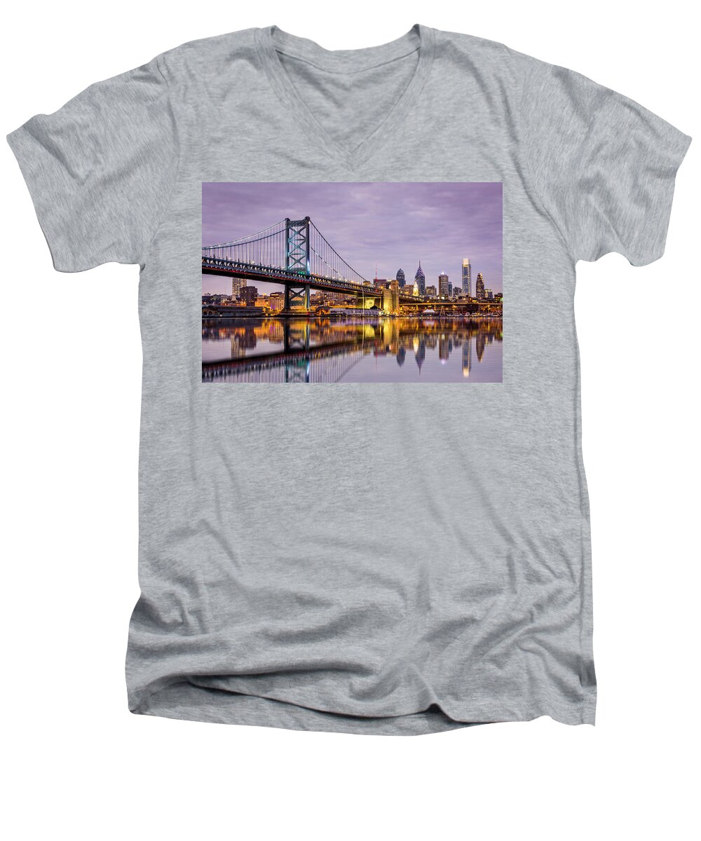 Ben Franklin Bridge Men's V-Neck T-Shirt featuring the photograph Philly #2 by Mihai Andritoiu