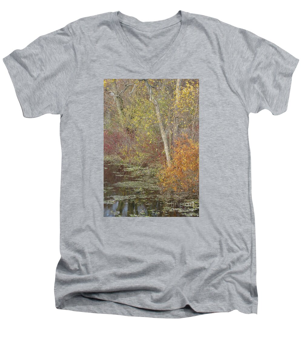 Autumn Men's V-Neck T-Shirt featuring the photograph Pondside Pastel by Ann Horn