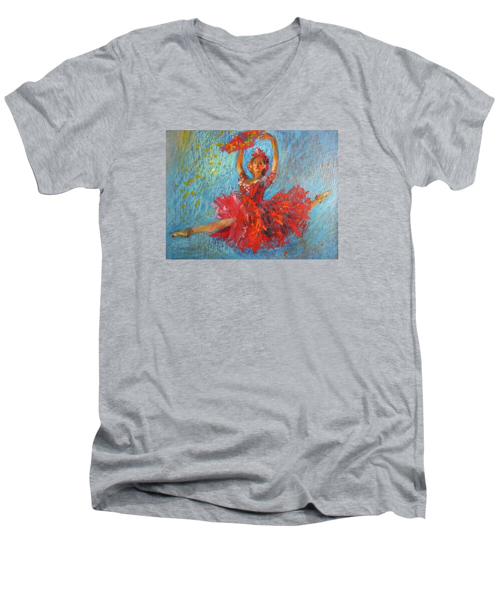 Dancer With Red Fan Men's V-Neck T-Shirt featuring the painting Red fan by Jieming Wang
