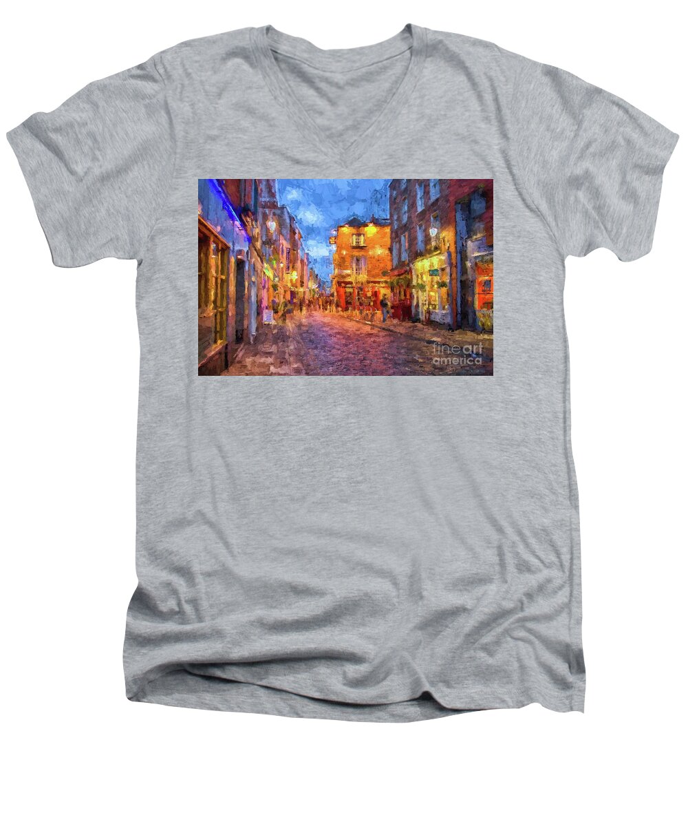 Temple Men's V-Neck T-Shirt featuring the photograph Temple Bar district in Dublin at night by Patricia Hofmeester