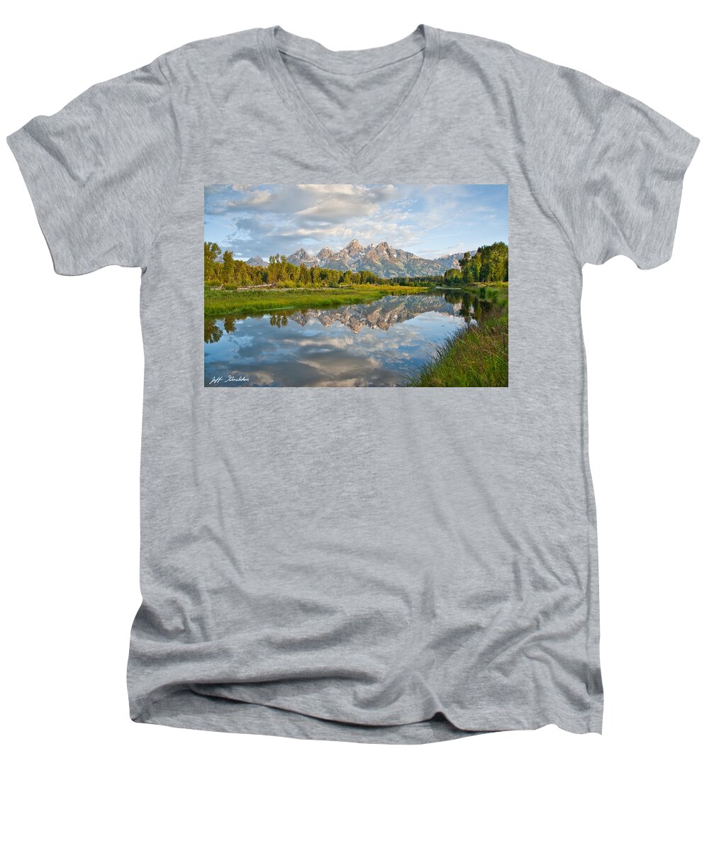Awe Men's V-Neck T-Shirt featuring the photograph Teton Range Reflected in the Snake River #2 by Jeff Goulden