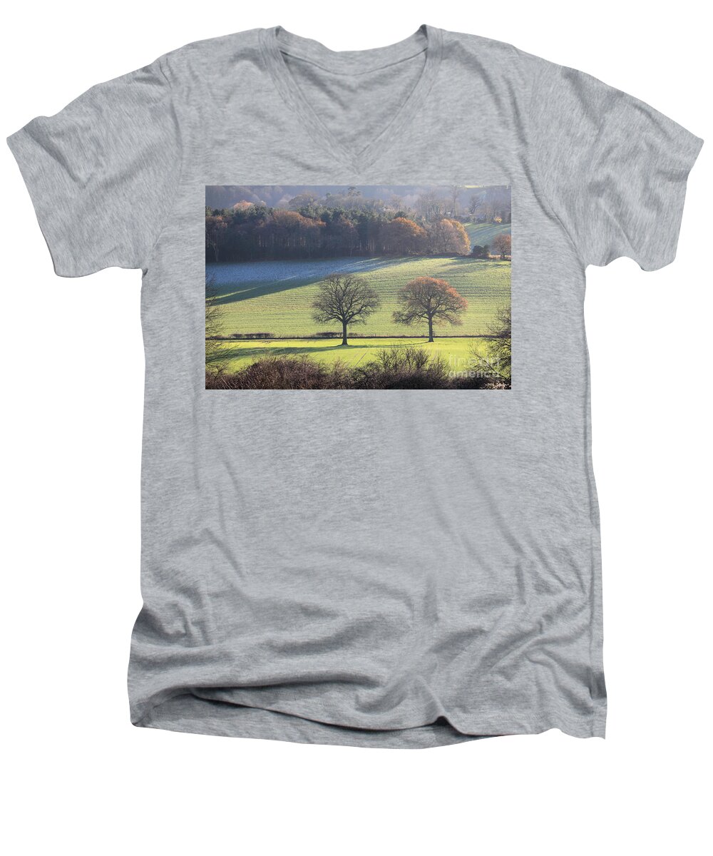 The Surrey Hills England Uk Winter Downs Trees Landscape Countryside British English Britain Two Tree Men's V-Neck T-Shirt featuring the photograph The Surrey Hills England UK #1 by Julia Gavin