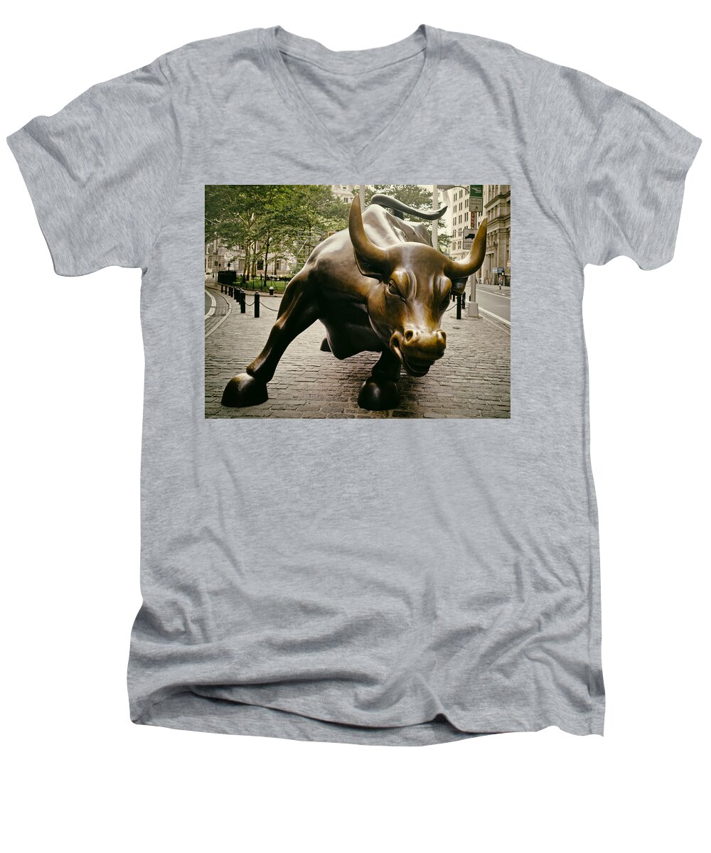 Wall Street Men's V-Neck T-Shirt featuring the photograph The Wall Street Bull #1 by Mountain Dreams