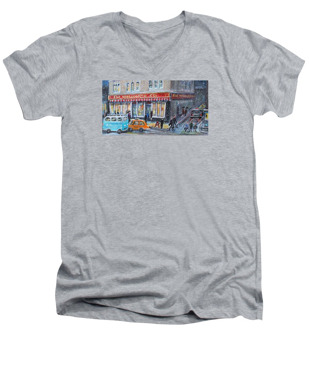 Landscape Men's V-Neck T-Shirt featuring the painting Woolworth's Holiday Shopping by Rita Brown