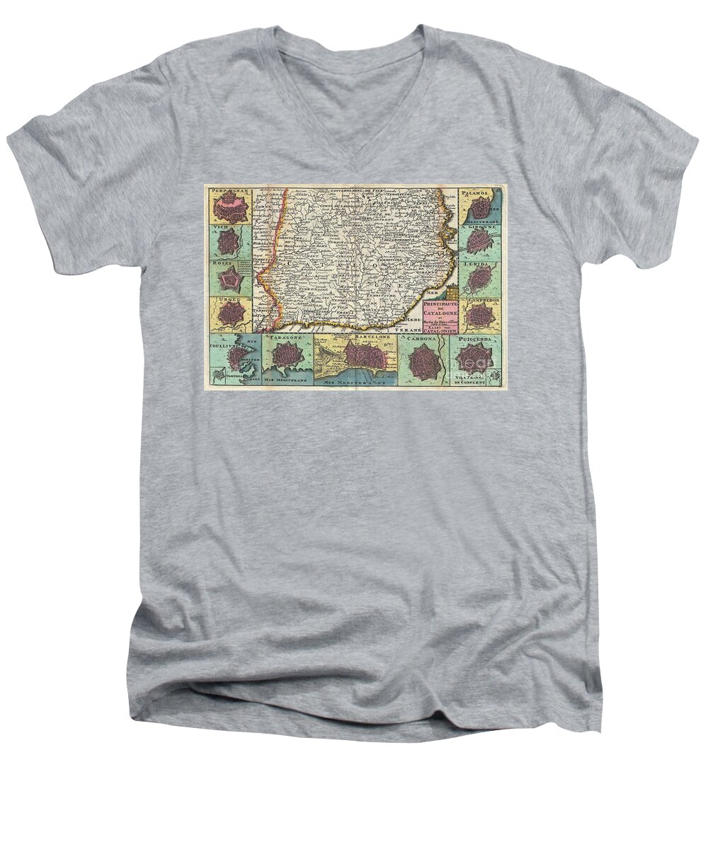 A Stunning Map Of Catalonia Men's V-Neck T-Shirt featuring the photograph 1747 La Feuille Map of Catalonia Spain by Paul Fearn