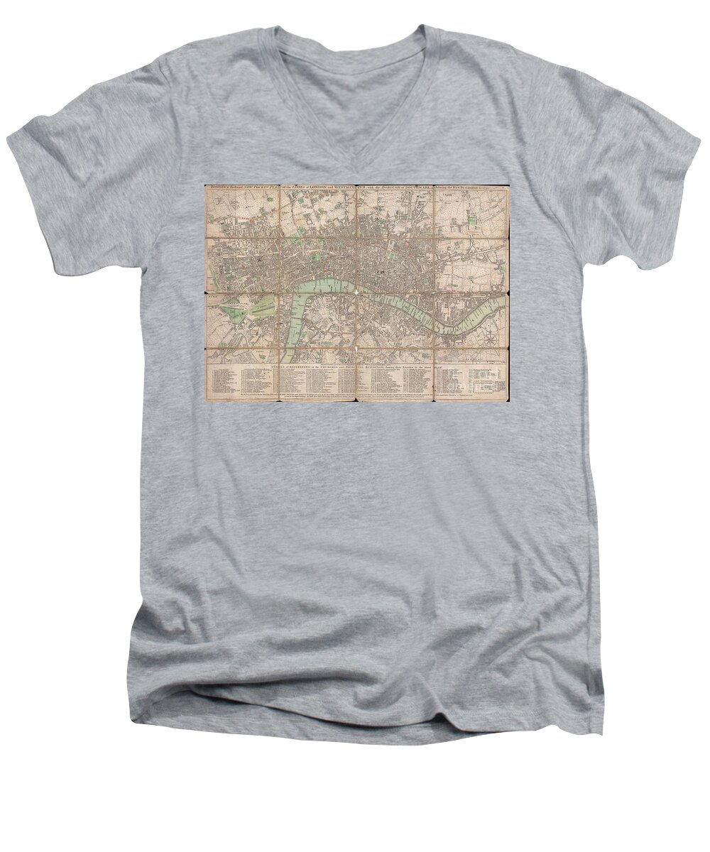 This Is A Rare 1795 Folding Pocket Map Or Street Plan Of London Men's V-Neck T-Shirt featuring the photograph 1795 Bowles Pocket Map of London by Paul Fearn