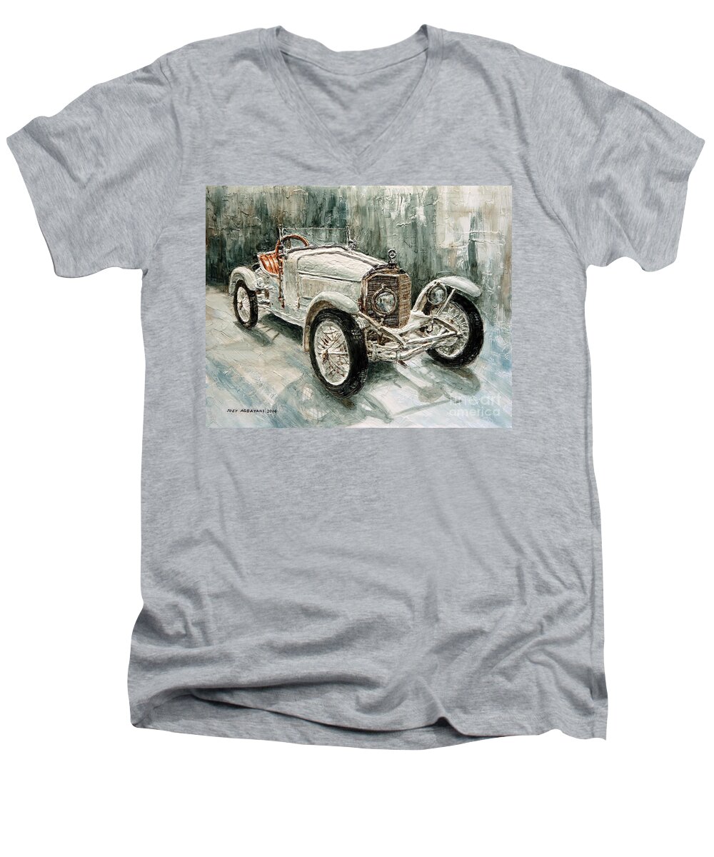 Mercedes Benz Men's V-Neck T-Shirt featuring the painting 1923 Mercedes PS Sport- Zweisitzer by Joey Agbayani