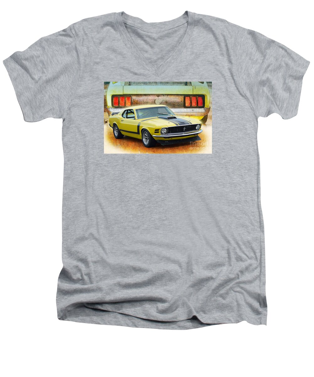 1970 Men's V-Neck T-Shirt featuring the photograph 1970 Boss 302 Mustang by Stuart Row