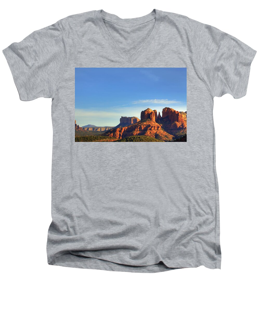 Sedona Men's V-Neck T-Shirt featuring the photograph Cathedral Rocks in Sedona #2 by Alan Vance Ley