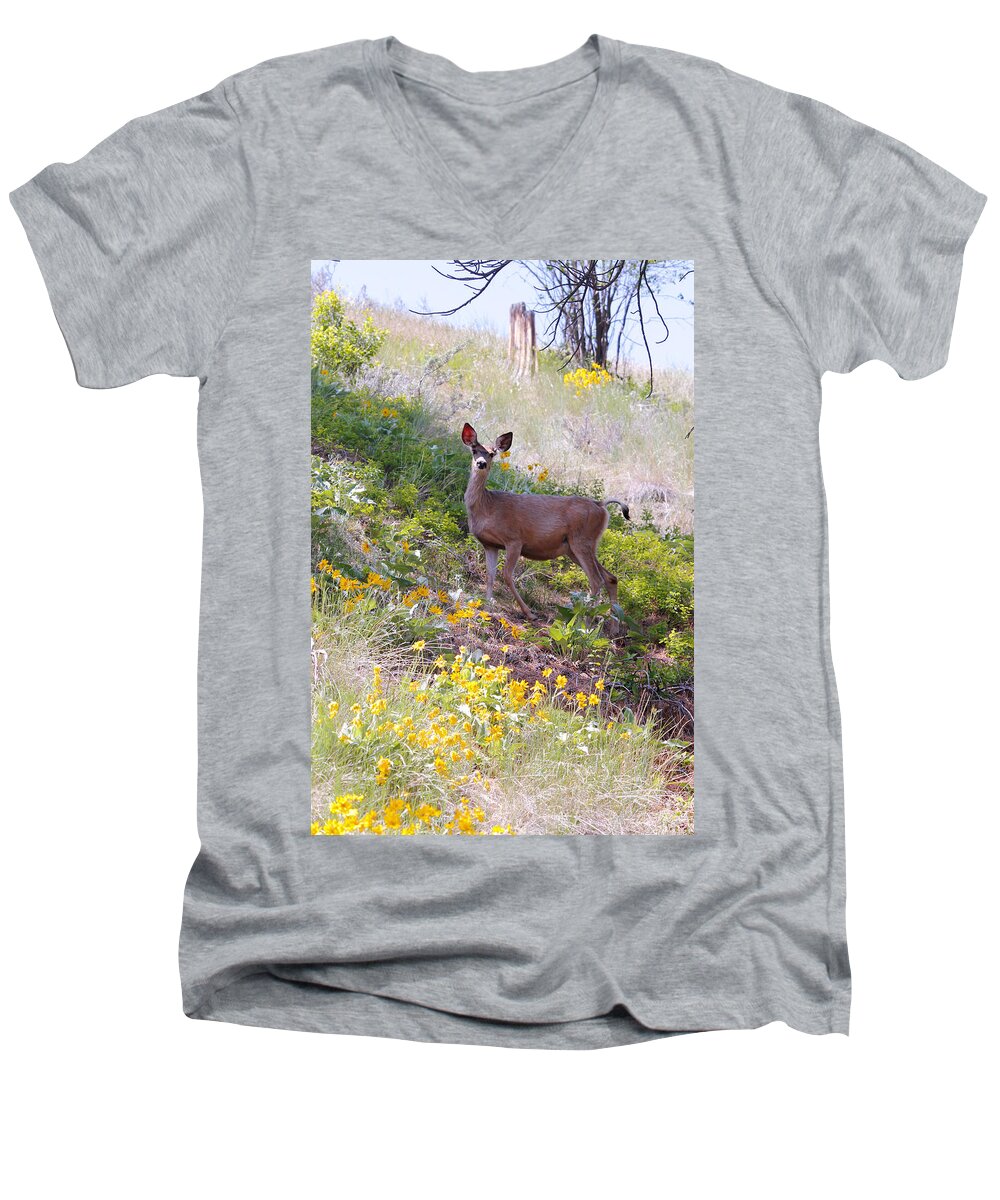 Deer Men's V-Neck T-Shirt featuring the photograph Deer in Wildflowers #1 by Athena Mckinzie