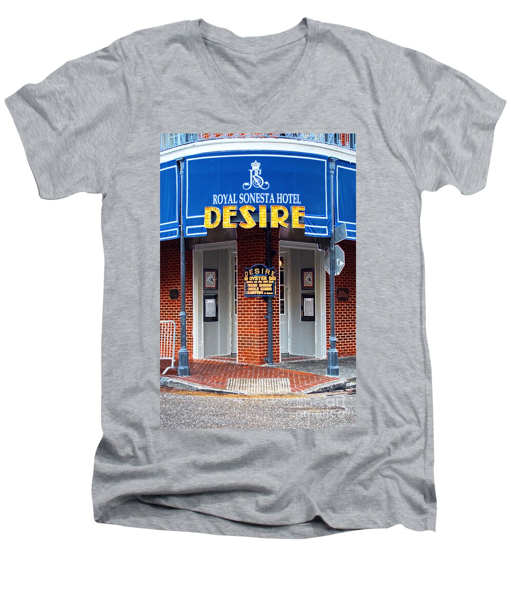 Travelpixpro New Orleans Men's V-Neck T-Shirt featuring the photograph Desire Corner Bourbon Street French Quarter New Orleans Accented Edges Digital Art #1 by Shawn O'Brien