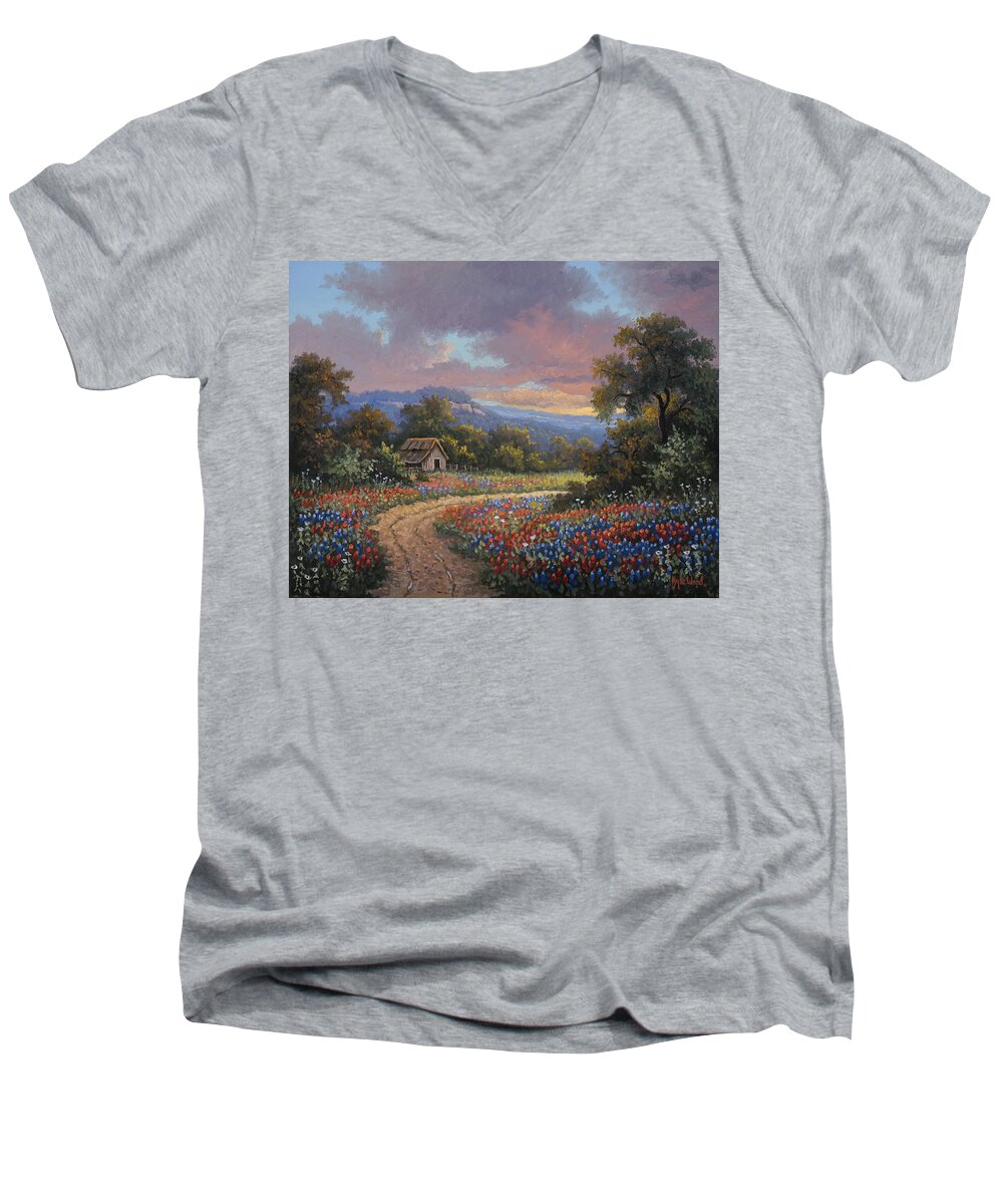 Texas Bluebonnets Men's V-Neck T-Shirt featuring the painting Evening Medley #2 by Kyle Wood