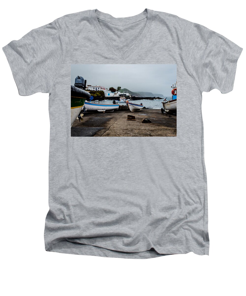 Beach Men's V-Neck T-Shirt featuring the photograph Fishing Boats On Wharf With View Of Houses #2 by Joseph Amaral