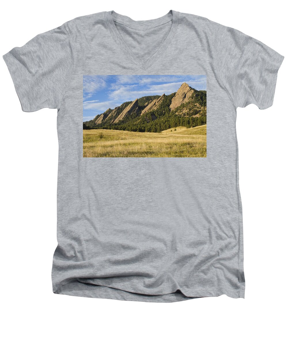 'boulder Photos' Men's V-Neck T-Shirt featuring the photograph Flatirons with Golden Grass Boulder Colorado #2 by James BO Insogna