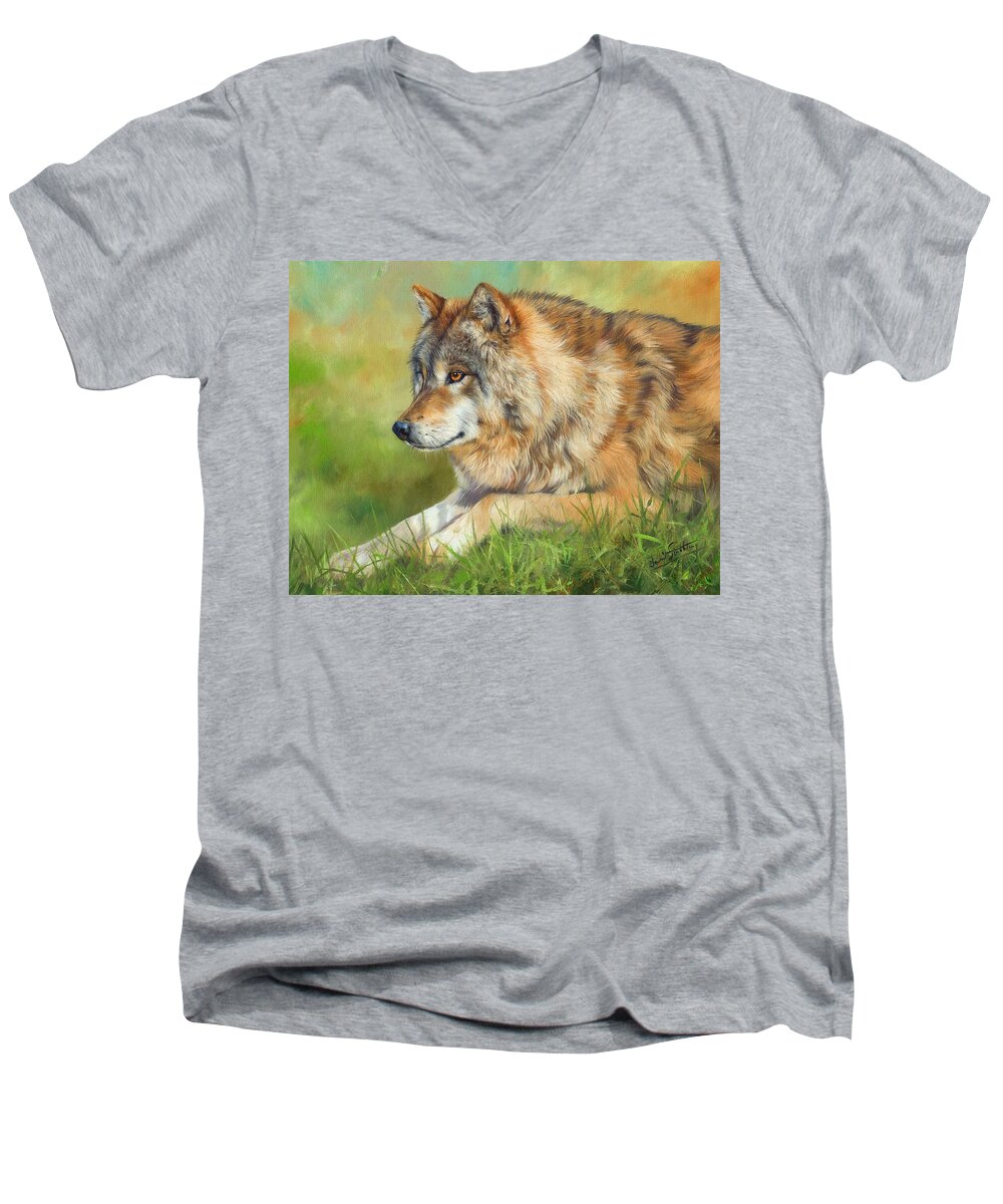 Wolf Men's V-Neck T-Shirt featuring the painting Grey Wolf #2 by David Stribbling