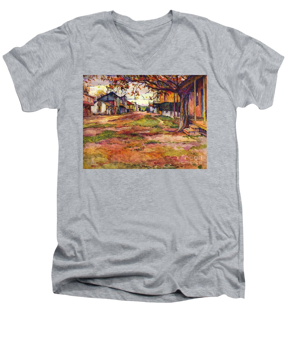 Main Street Men's V-Neck T-Shirt featuring the painting Main street of early Spanish California Days San Juan Bautista Rowena M Abdy Early California Artist by Monterey County Historical Society