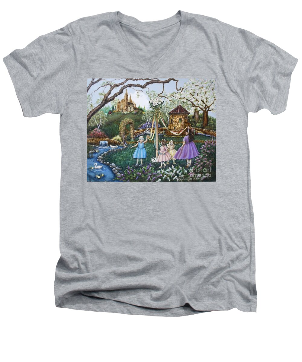Maypole Men's V-Neck T-Shirt featuring the painting Mayday Serenade by Linda Simon