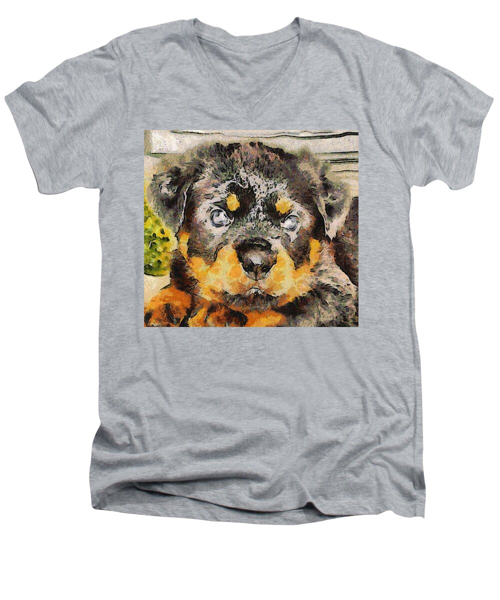 Rottweiler Men's V-Neck T-Shirt featuring the painting Rottweiler Puppy Portrait #2 by Taiche Acrylic Art