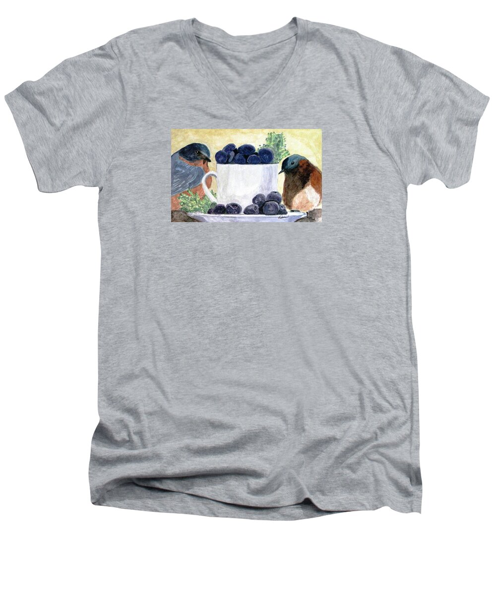 Bluebirds Men's V-Neck T-Shirt featuring the painting The Temptation Of Blueberries by Angela Davies