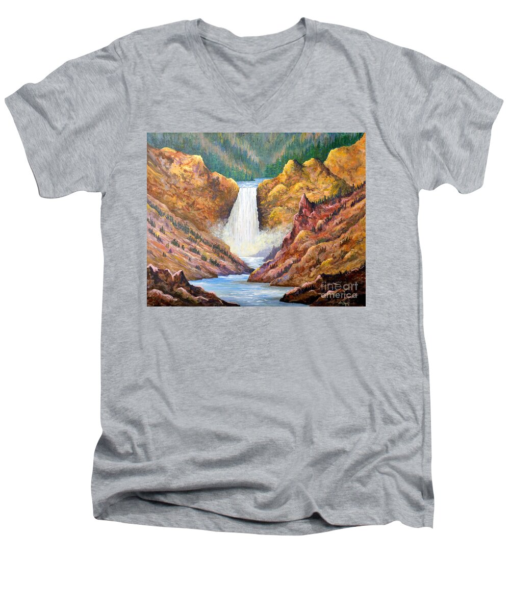 Waterfalls Men's V-Neck T-Shirt featuring the painting Yellowstone Falls #1 by Lou Ann Bagnall