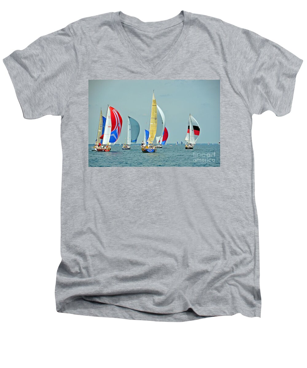 2014 Bells Beer Bayview Mackinac Race Men's V-Neck T-Shirt featuring the photograph Praeceptor, Traitor, Contender, Its a Zoo, and Mystery by Randy J Heath