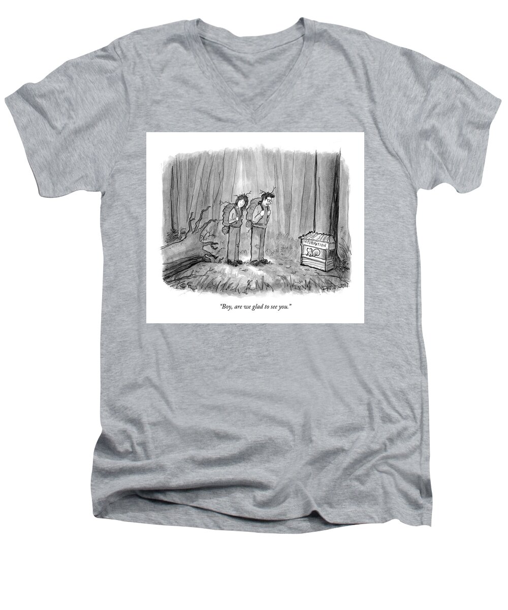 Nature Incompetents 

(two Bedraggled Hikers Find A Squirrel Sitting In A Booth With A Sign Reading Men's V-Neck T-Shirt featuring the drawing Boy, Are We Glad To See You by Jason Patterson