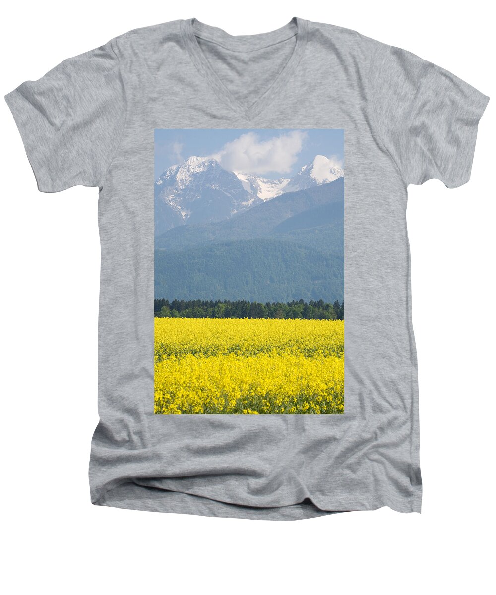 Brnik Men's V-Neck T-Shirt featuring the photograph rapeseed field in Brnik with Kamnik Alps in the background #4 by Ian Middleton