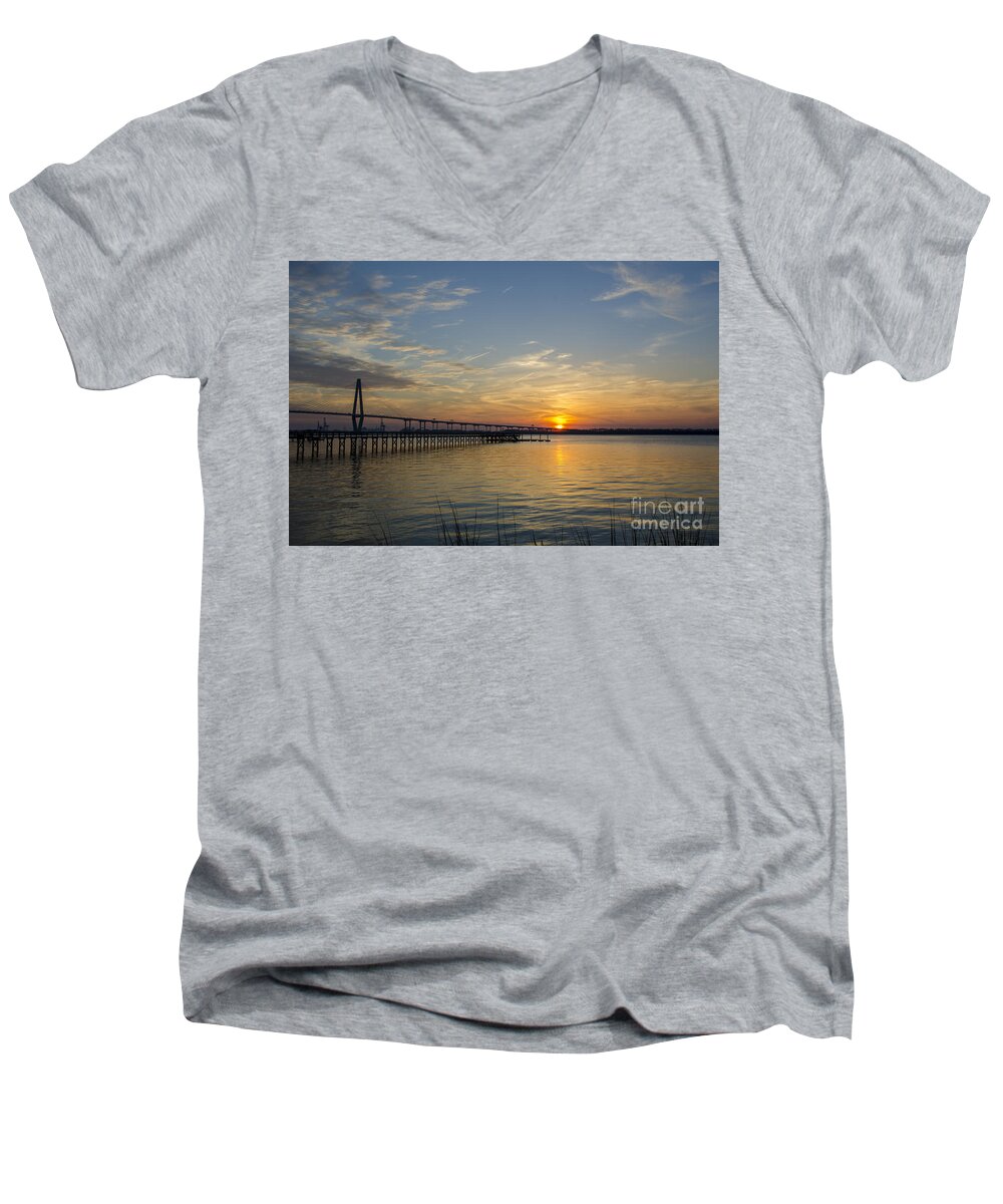 Arthur Ravenel Bridge At Sunset Men's V-Neck T-Shirt featuring the photograph Arthur Ravenel Bridge Tranquil Sunset by Dale Powell