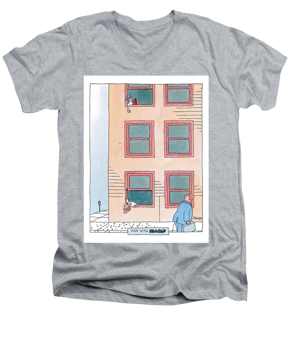 Candy Men's V-Neck T-Shirt featuring the drawing A Boy Leaning Out Of The Third Story Window by Jack Ziegler