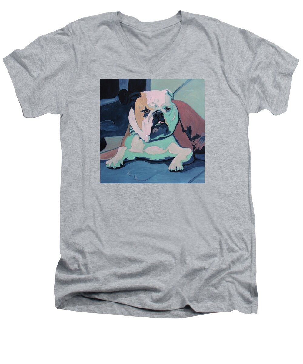 Bulldog Men's V-Neck T-Shirt featuring the painting A Bulldog In Love by Xueling Zou