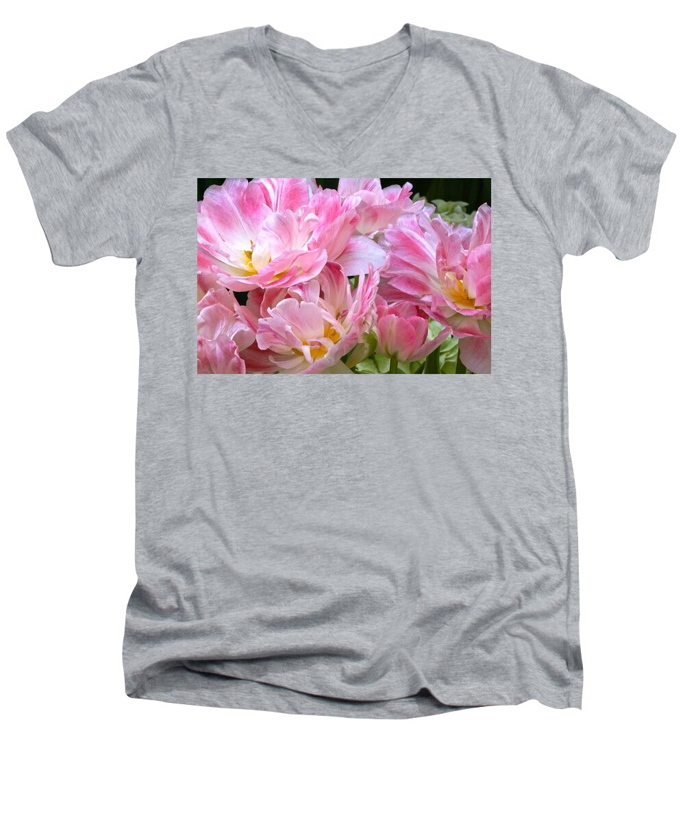 Pink And White Tulip Men's V-Neck T-Shirt featuring the photograph A Crowd of Tulips by Byron Varvarigos