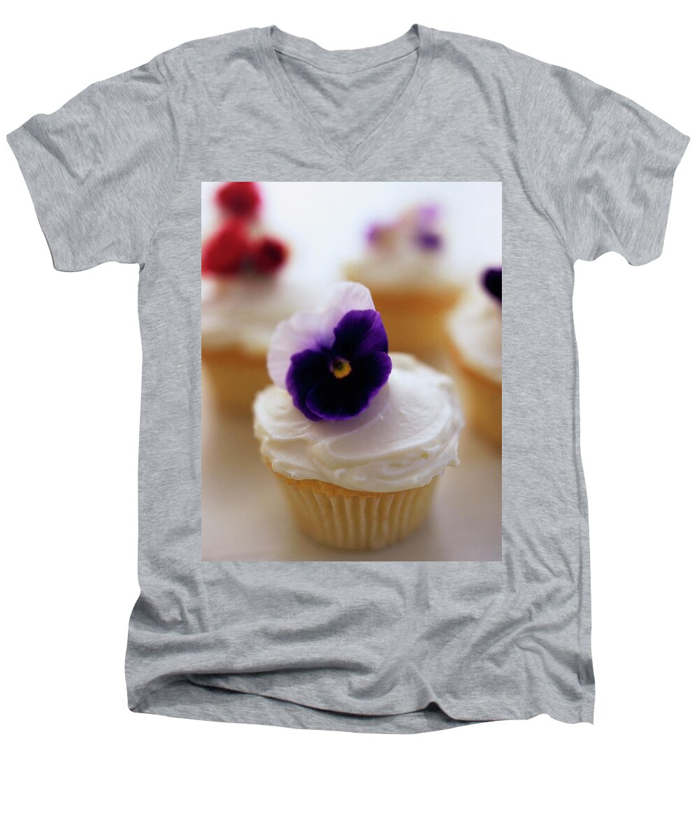 Bridal Men's V-Neck T-Shirt featuring the photograph A Cupcake With A Violet On Top by Romulo Yanes