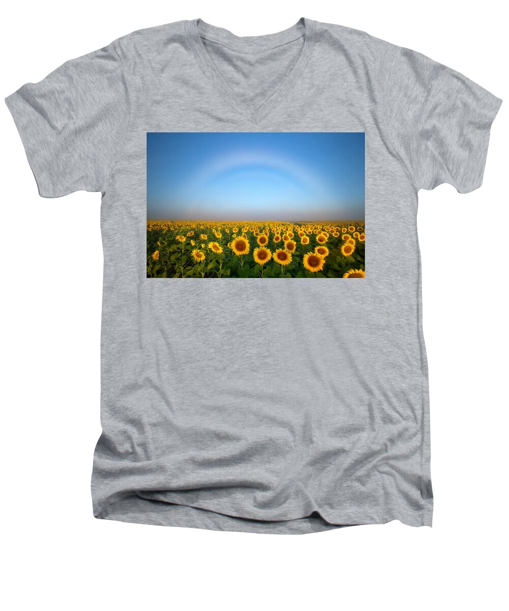 Fog Bow Men's V-Neck T-Shirt featuring the photograph A Fog Bow over the Colorado Sunflower Fields by Ronda Kimbrow