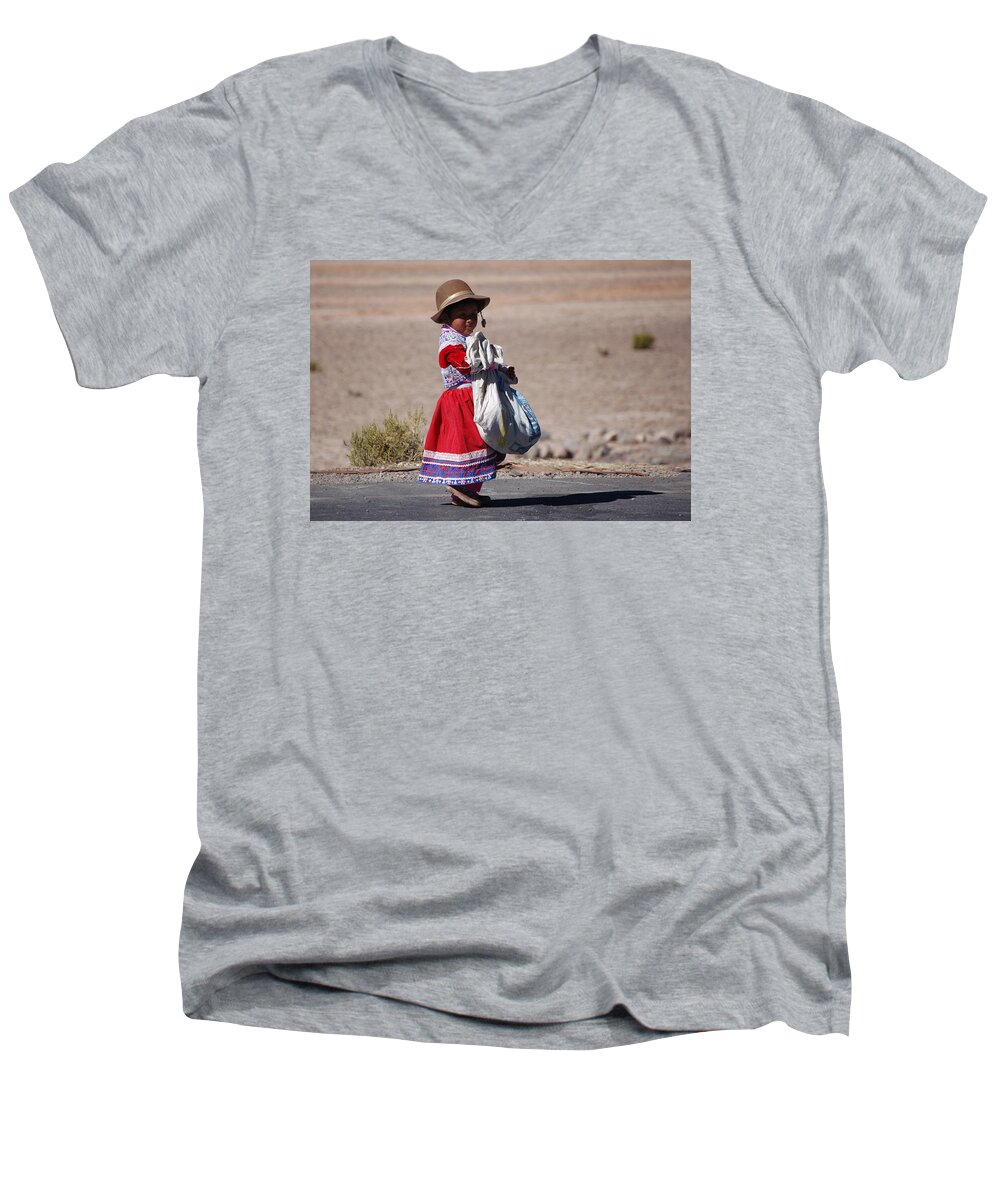 Girl Men's V-Neck T-Shirt featuring the photograph A little girl in the high plain by RicardMN Photography