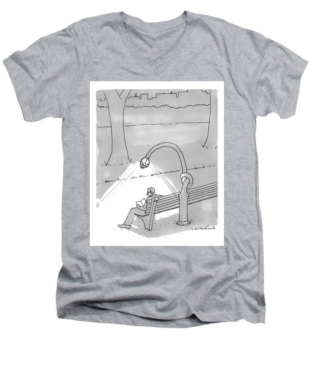 Park Scenes Men's V-Neck T-Shirt featuring the drawing A Man In A Park Reading A Book While A Street by Michael Crawford