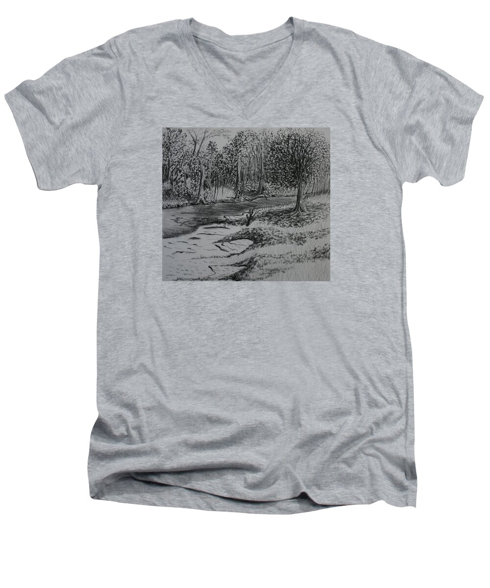 Charcoal Men's V-Neck T-Shirt featuring the drawing A Quiet Stream by Stacy C Bottoms