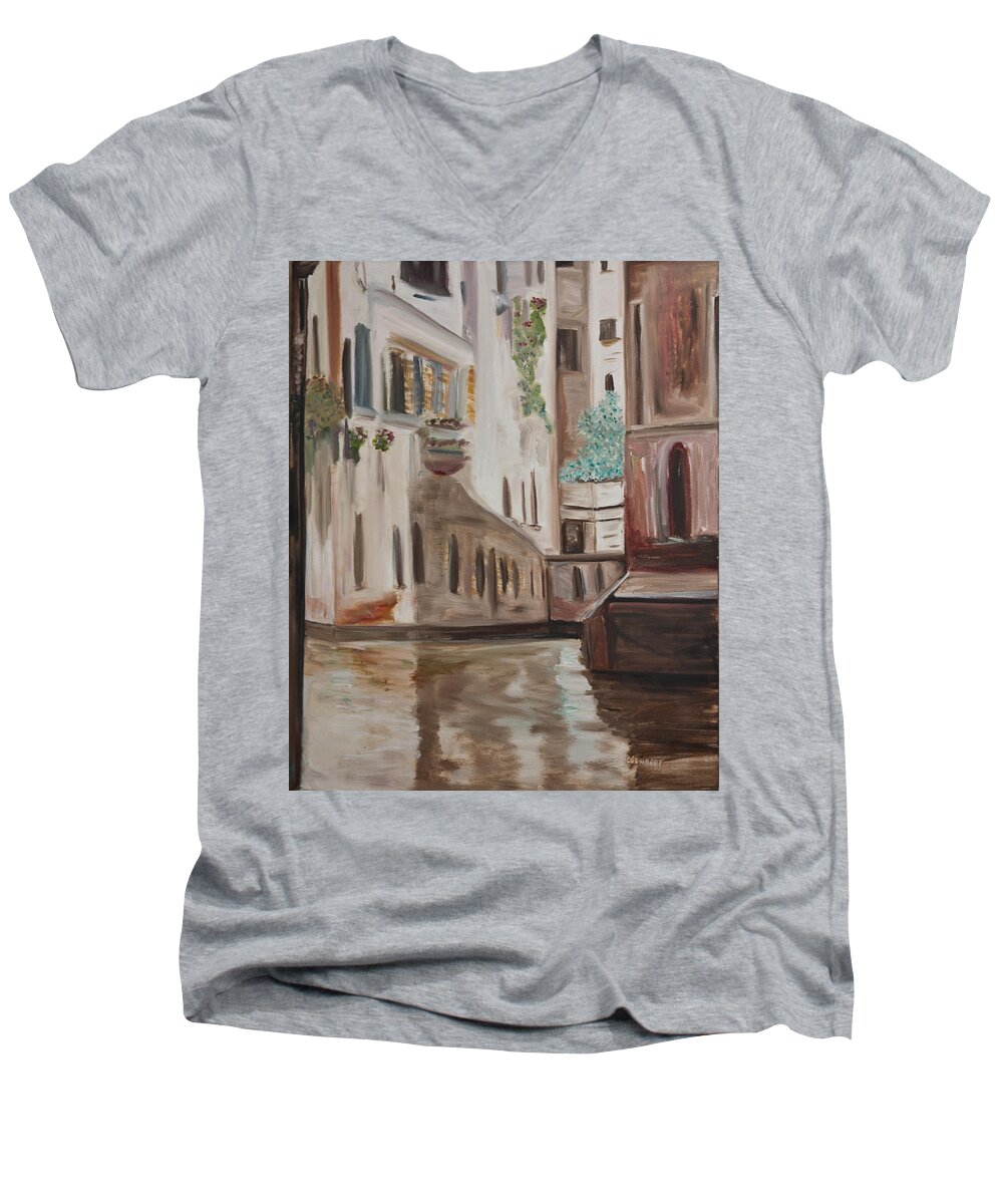 Waterscape Men's V-Neck T-Shirt featuring the painting A Quiet Venice Canal by Chuck Gebhardt