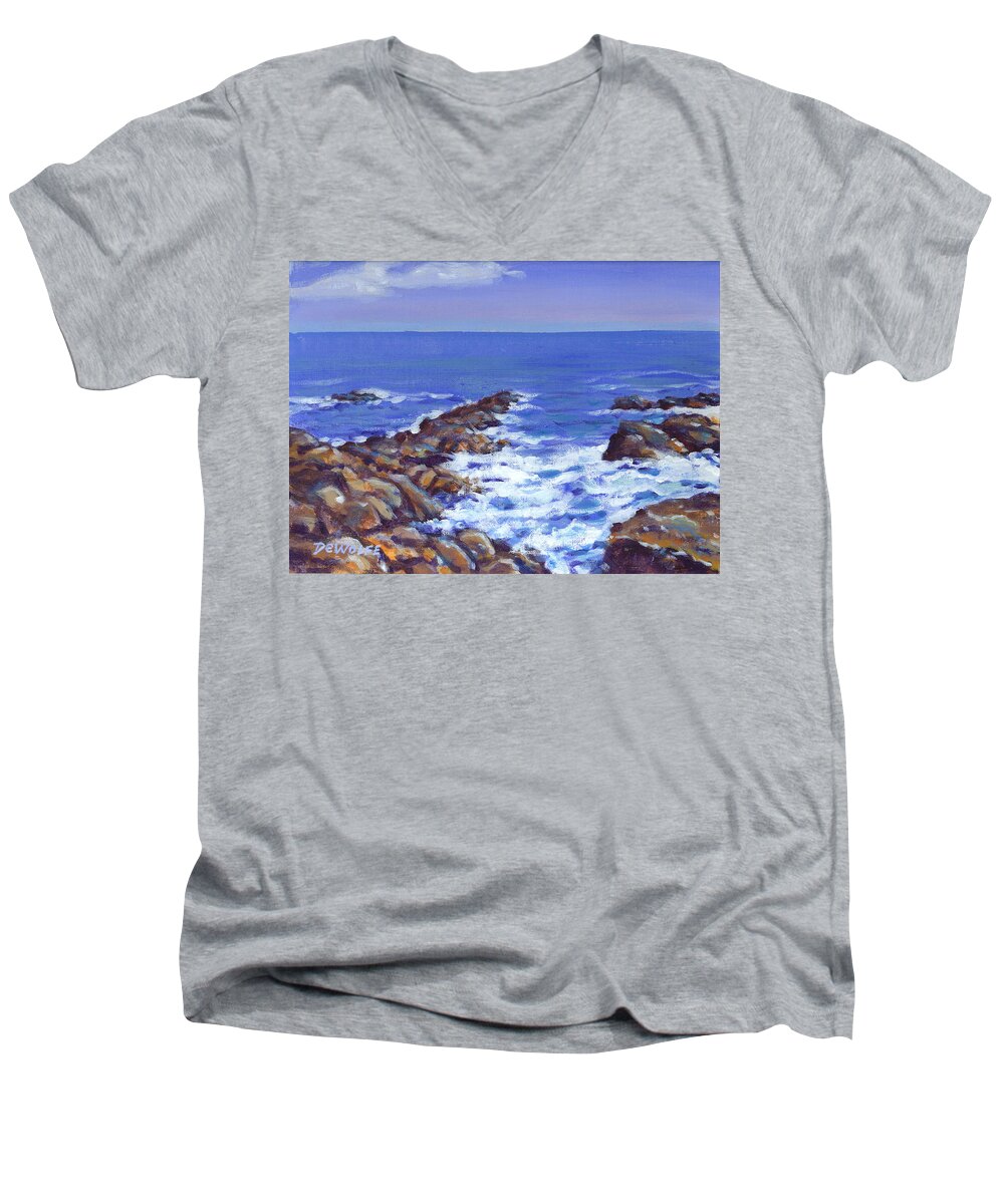Pacific Men's V-Neck T-Shirt featuring the painting A Rocky Coast by Richard De Wolfe