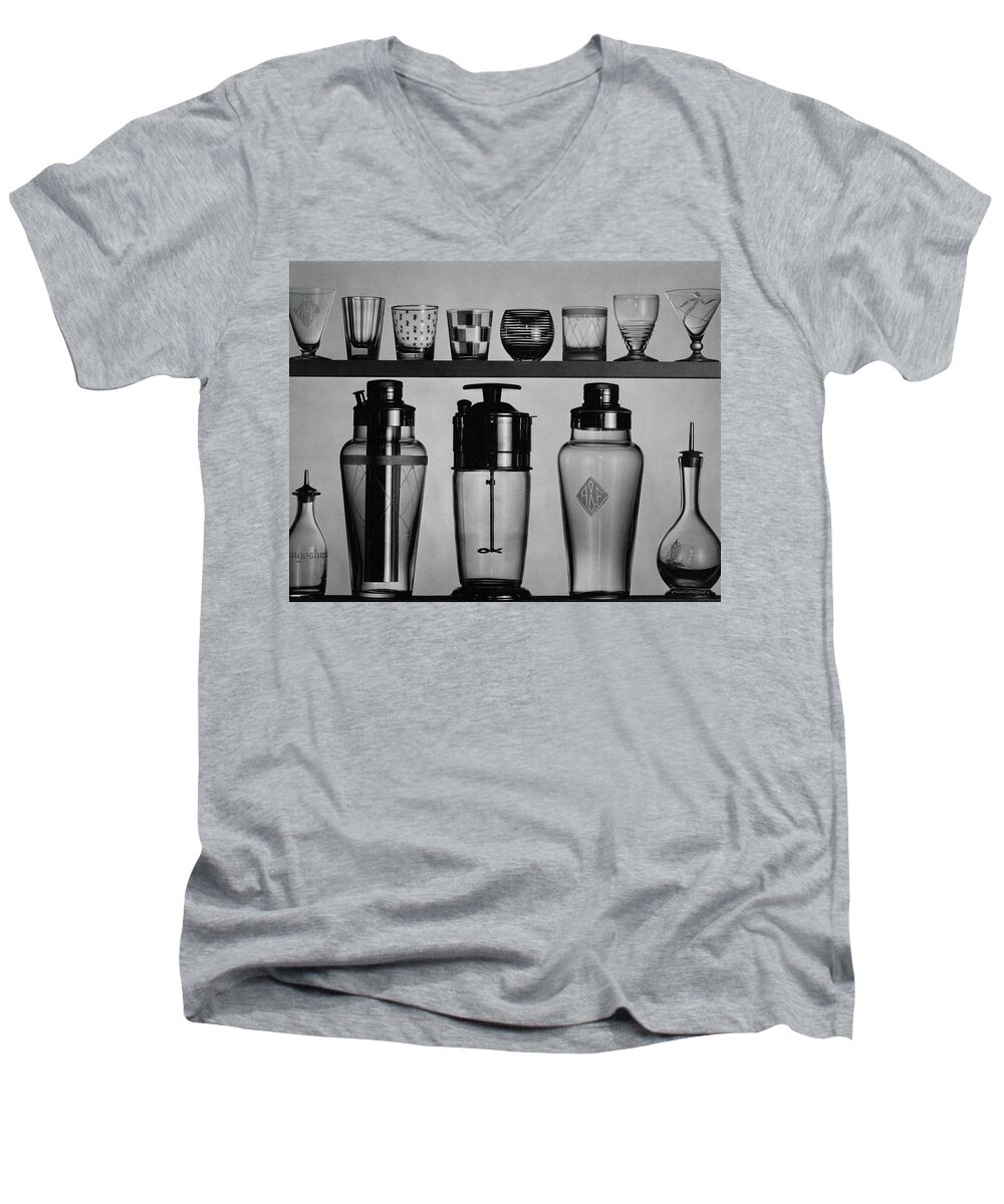 Accessories Men's V-Neck T-Shirt featuring the photograph A Row Of Glasses On A Shelf by The 3