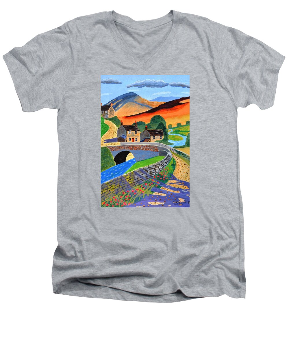 Landscape Men's V-Neck T-Shirt featuring the painting a Scottish highland lane by Magdalena Frohnsdorff