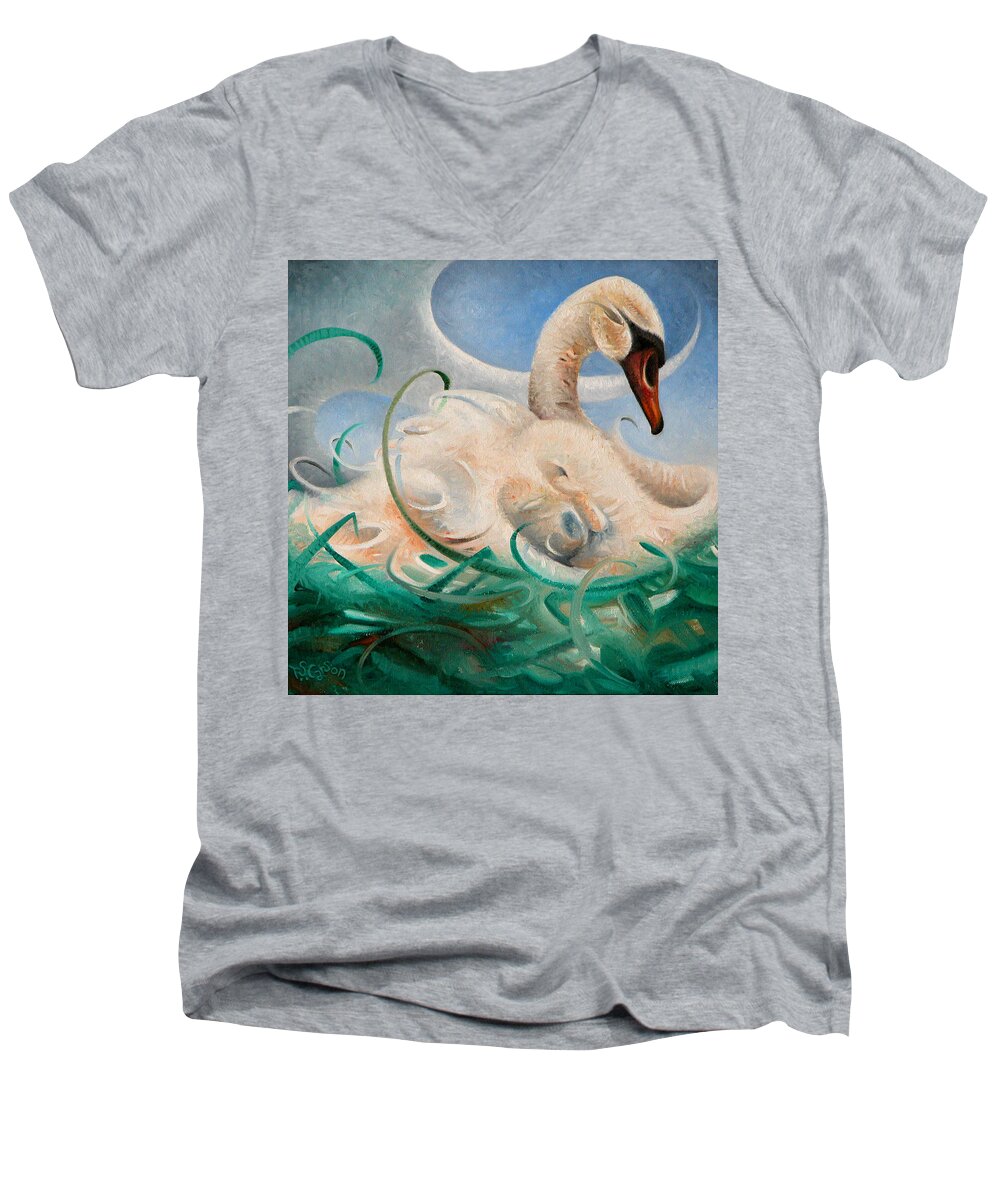 Swan Men's V-Neck T-Shirt featuring the painting A Swan Song by T S Carson