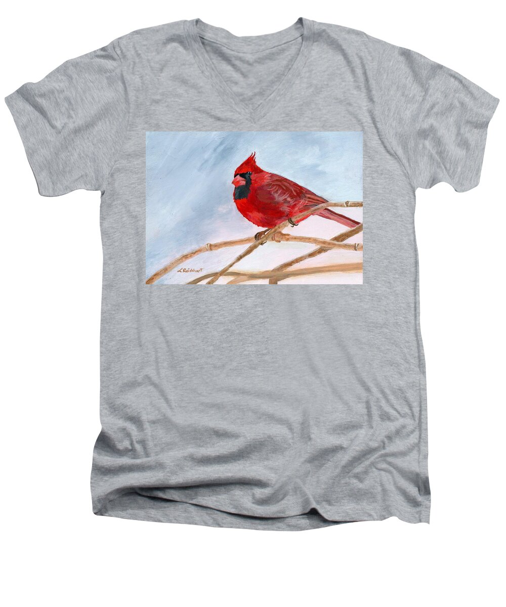 Cardinal Men's V-Neck T-Shirt featuring the painting A Touch of Red by Lynne Reichhart